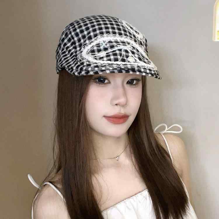 ベレー帽 レディース かわいい 蝶結び 黒 チェック柄 小顔効果 レトロ 画家帽 春夏 秋冬 日よけ 紫外線対策 普段使い おしゃれ