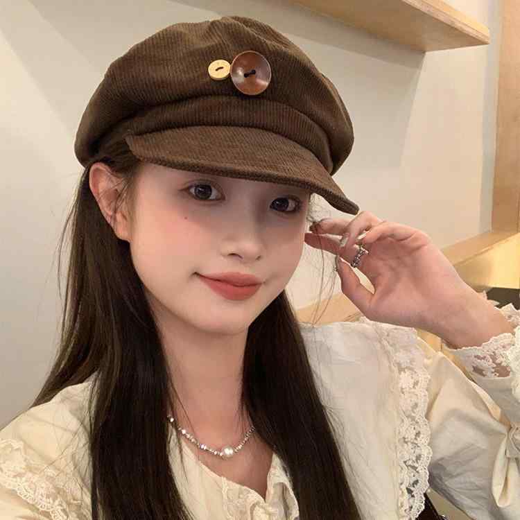 帽子 ベレー帽 秋冬 コーデュロイ ブラウン レトロ ボタン付き 小顔効果 八角帽 画家帽 ハンチング帽 キャスケット 日常使い カジュアル 保温2(4)