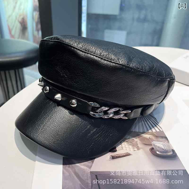 帽子 レディース ハンチング ベレー帽 レザー Rivet チェーン 春秋 防水 遮光 小顔効果 ブラック M(56-58cm) 普段使い ファッション 通勤