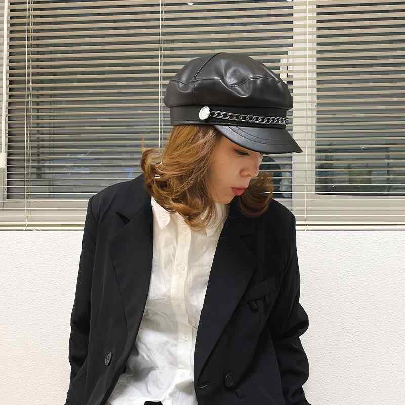 ベレー帽 レディース ファッション小物 チェーン飾り PUレザー 日よけ帽子 秋冬 小顔効果 カジュアル アウトドア お洒落(4.0)