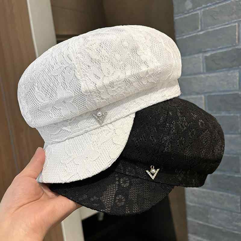帽子 レディース 春夏 水玉模様 パール付き キャスケット 紫外線対策 日よけ 通気性 レース ポリエステル 白色 黒色 クラシカル レトロ モード