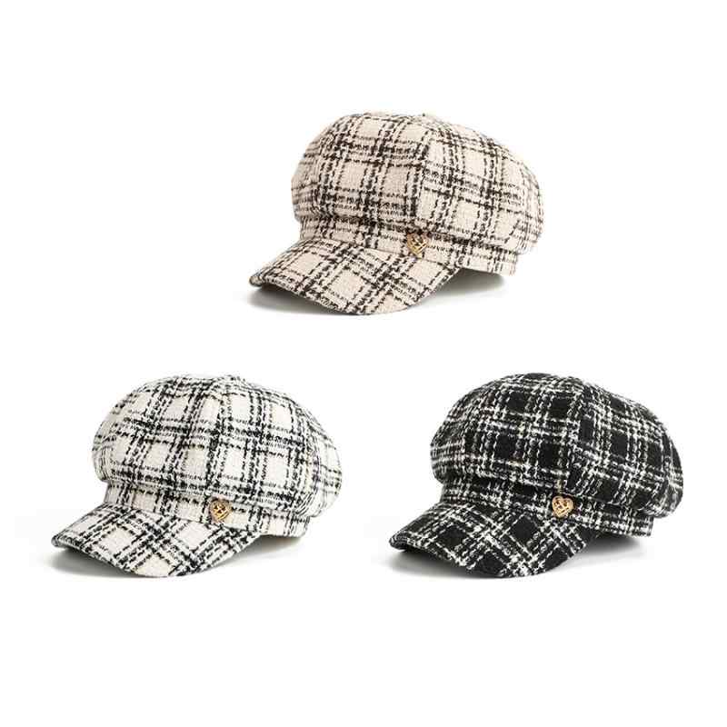 帽子 レディース 秋冬 ベレー帽 八角帽 格子柄 大頭 小顔効果 通気性 保温 防風 日よけ ポリエステル