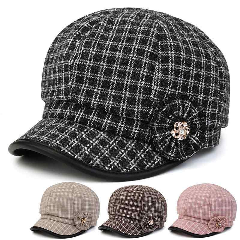 帽子 レディース 婦人 ミセス シニア 千鳥格子柄 キャップ ハンチング ベレー帽 防寒 あったか 暖か 秋冬 ブラック ピンク ベージュ系2(4)