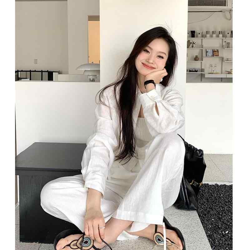 セットアップ レディース 綿麻 リネン カジュアル 通勤 トップス シャツ ブラウス パンツ 2点セット ホワイト 白 S M L XL 春夏