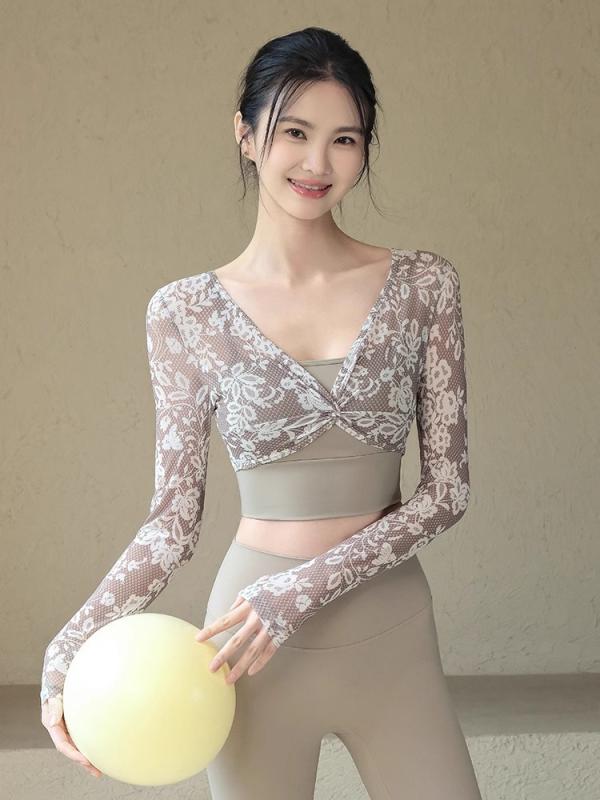 ヨガウェア レディース 春夏 レース 長袖 スポーツトップス パッド付き スリム プラーテン トレーニング ウェア 杏色 灰ローズ