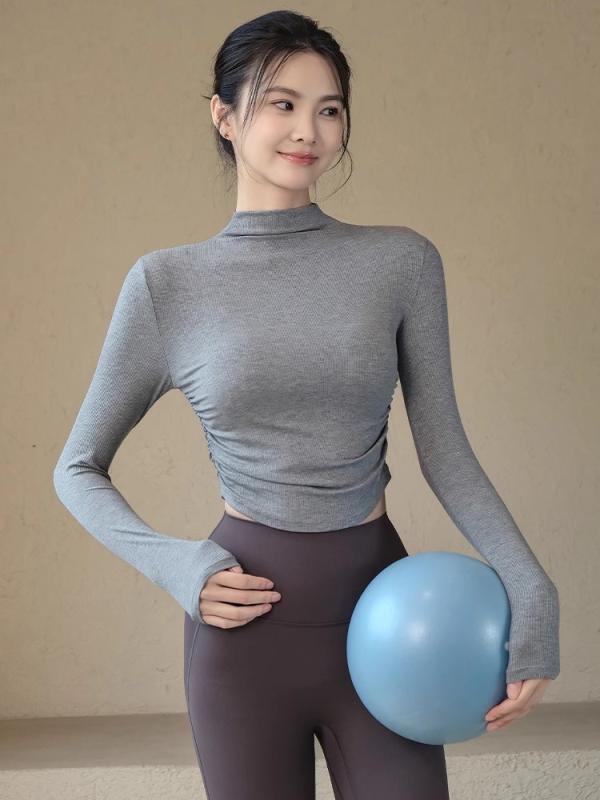 ヨガウェア レディース 秋冬 トップス 長袖 プルオーバー 小高襟 トレーニングウェア スポーツウェア 伸縮性 吸湿性 ストレッチ ピラティス 練習着 ヨガ ダンス ランニング 麻グレー ホワイト