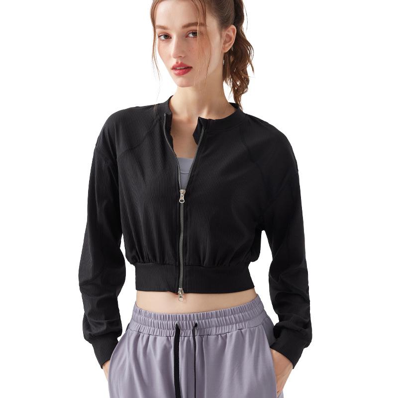 ヨガウェア レディース リブ クロップド ジャケット 長袖 ジム ランニング トレーニング ウェア 吸湿速..