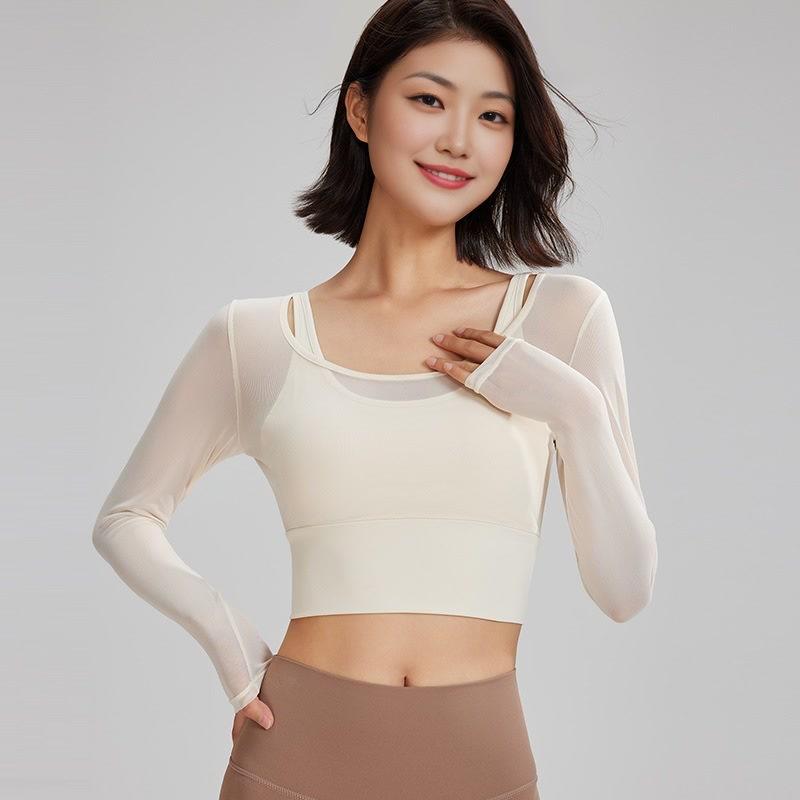 ヨガウェア レディース スポーツ 長袖 秋冬 接触冷感 トレーニング トップス へそ出し 伸縮性 インナー付き 胸パッド付き