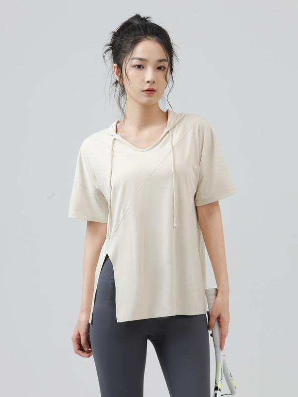 ヨガウェア レディース 半袖 Tシャツ 接触冷感 吸湿速乾 スポーツトップス フード付き チュニック丈 ラ..