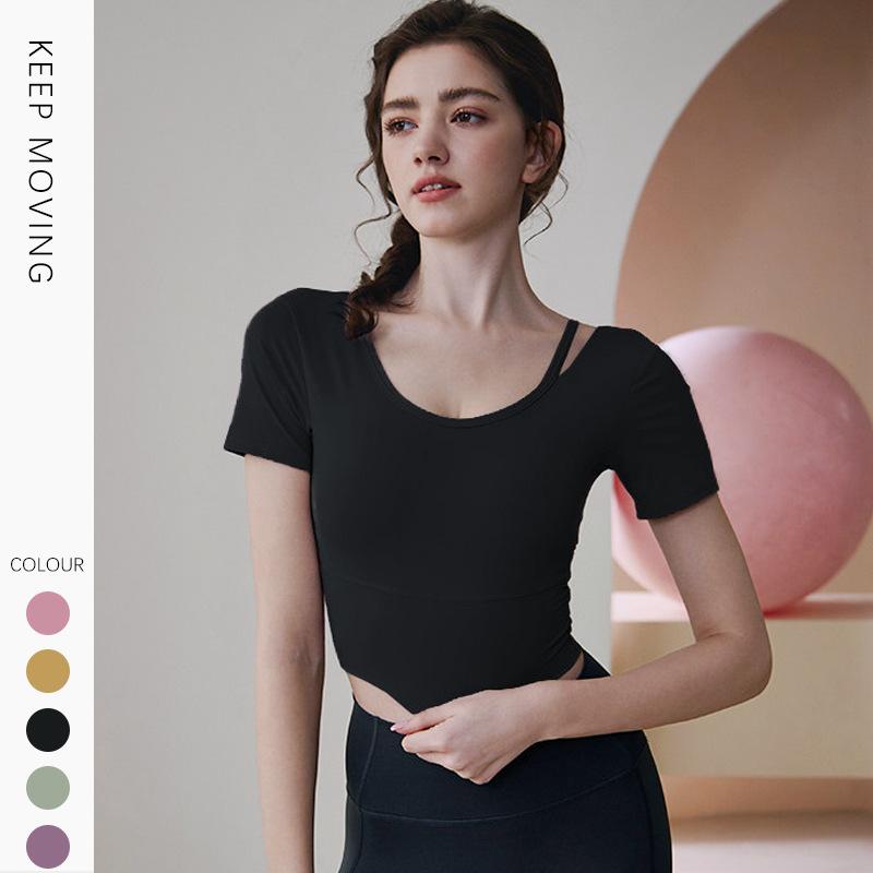 ヨガウェア レディース トップス ブラパッド付き 半袖 Tシャツ スポーツウェア トレーニングウェア ジム ランニング 吸湿速乾 ストレッチ 黒 緑 紫