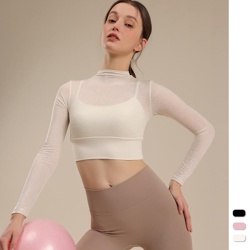 ヨガウェア レディース セットアップ 長袖 トップス パンツ レース 花柄 接触冷感 スリムフィット トレーニング スポーツウェア ピンク系 ブラック