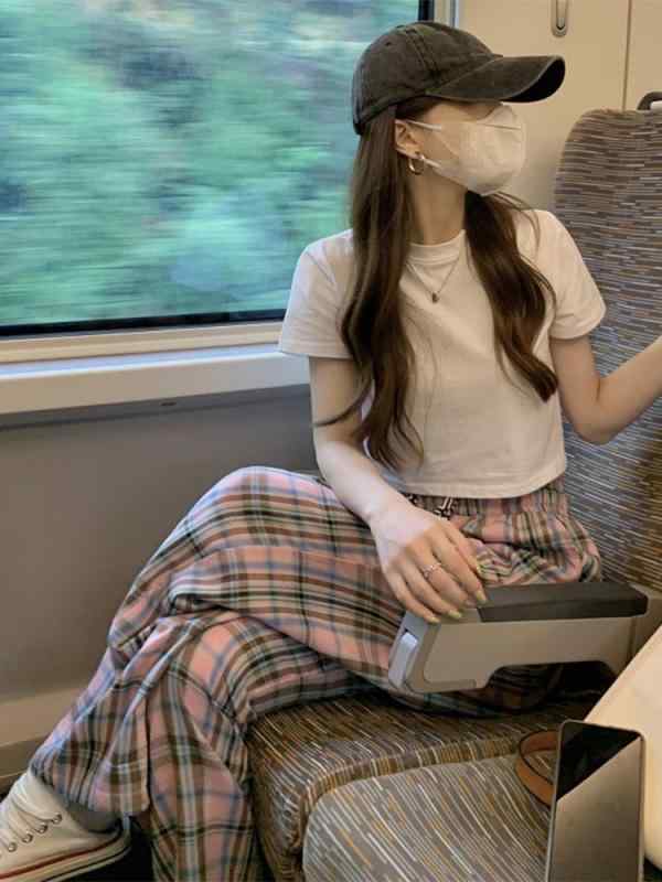 スポーツウェア レディース セットアップ 半袖トップス & 格子柄パンツ 2点セット 再生繊維 ゆったり 普段使い 部屋着