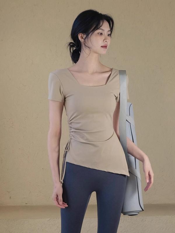 ヨガウェア レディース トップス 半袖 Tシャツ スポーツブラ付き プラティ 練習 トレーニングウェア 吸湿速乾 ストレッチ 燕麦色 淡いピンク ブラック