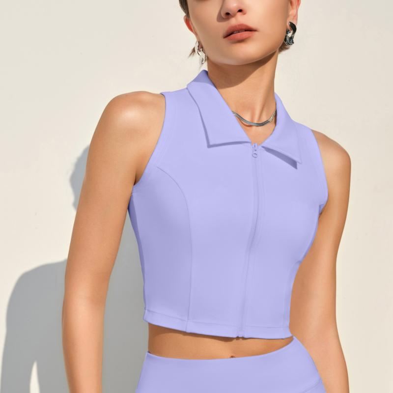 ヨガウェア レディース スポーツトップス カップ付き ポロシャツ襟 ゴルフウェア テニスウェア ベスト 吸湿速乾 ストレッチ トレーニング ランニング S M L XL スカイブルー ストロベリーミルク 木槿パープル レモンイエロー スノーホワイト 豪華