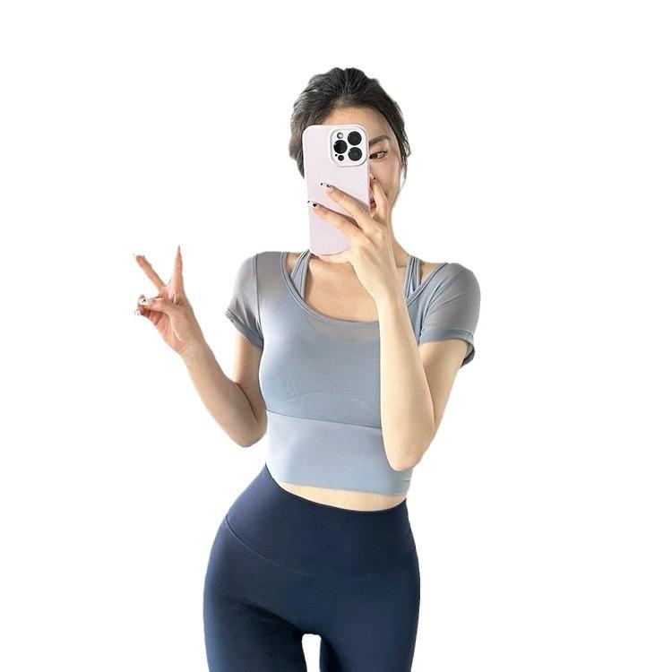 ヨガウェア レディース トップス パッド付き スポーツウェア トレーニングウェア 豪華感 プラティ ピラティス 吸湿速乾 伸縮性 杏色 パープル グリーン カーキ グレー ブルー