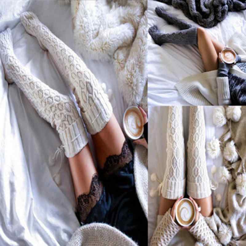 靴下 レディース ニット 毛糸 ソックス 長め ロング 丈 オーバーニー ニーハイ 無地 春夏秋冬 シンプル..