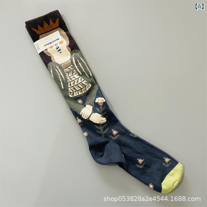 靴下 レディース 高筒ソックス 柄 精梳綿 春夏秋冬 油絵風 アート ソックス クルー丈ソックス 幾何柄 ..