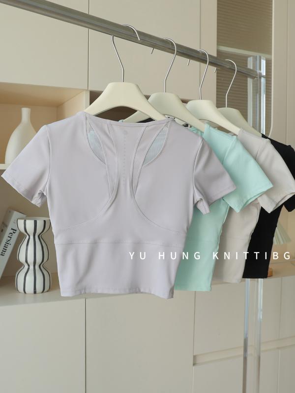 ヨガウェア レディース スポーツトップス ブラパッド付き トレーニングウェア 半袖 吸湿速乾 スリムフィット ピラティス ランニング 木槿紫 燕麦色 薄荷緑 黒