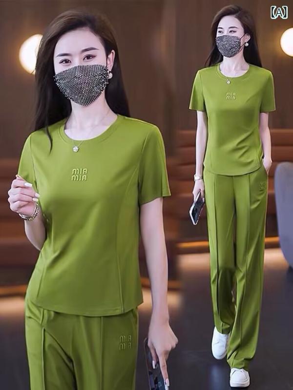 スポーツウェア レディース セットアップ 薄手 3Dロゴ 刺繡 ポリエステル パンツスタイル カジュアル ..