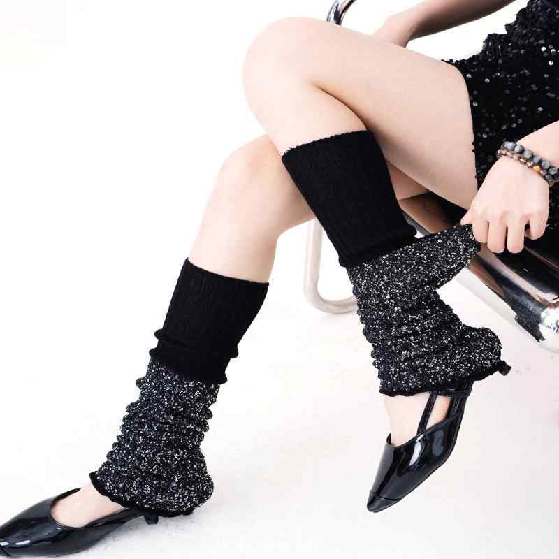 靴下 レディース 春夏 薄手 ラメ入り 銀糸 Y2K 韓国風 針編み ソックス レッグウォーマー 切り替え 個性 通気性 ブラック ホワイト グレー
