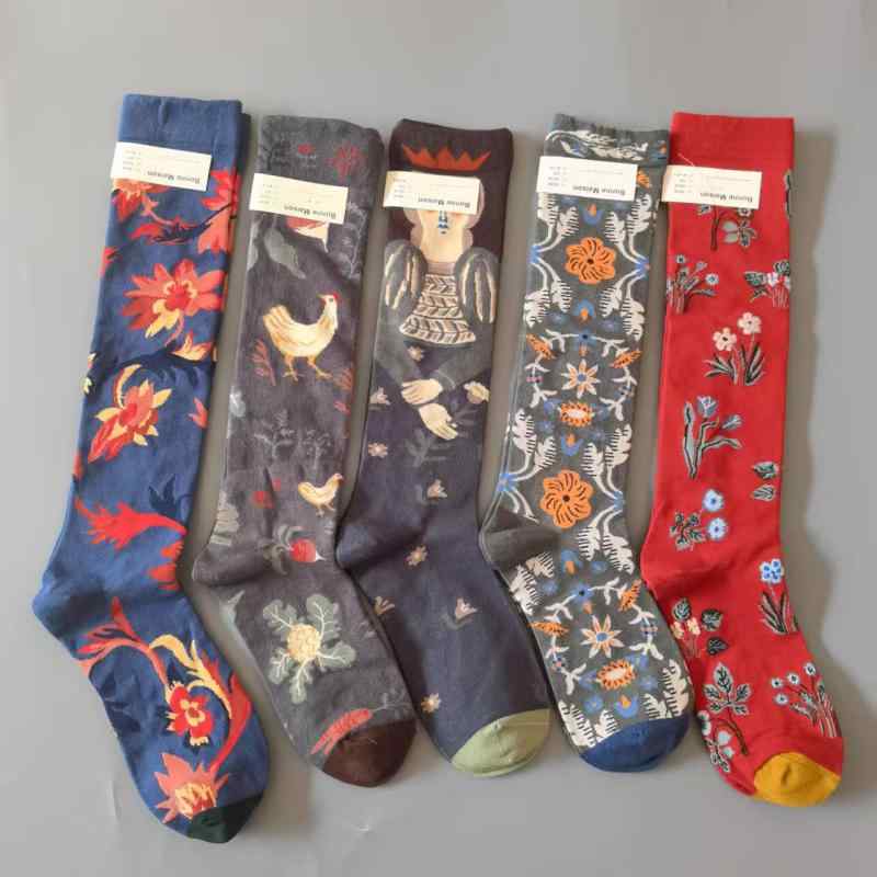 靴下 レディース レトロ柄 ジャカード ソックス ハイソックス 綿 混紡 花柄 菱形 ストライプ チェック柄 ファッション トレンド 吸汗性..