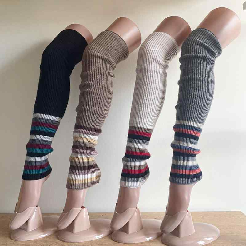 靴下 レディース 秋冬 レトロ 配色 ストライプ 切り替え ハイソックス 高筒 保温 ニット レッグウォー..