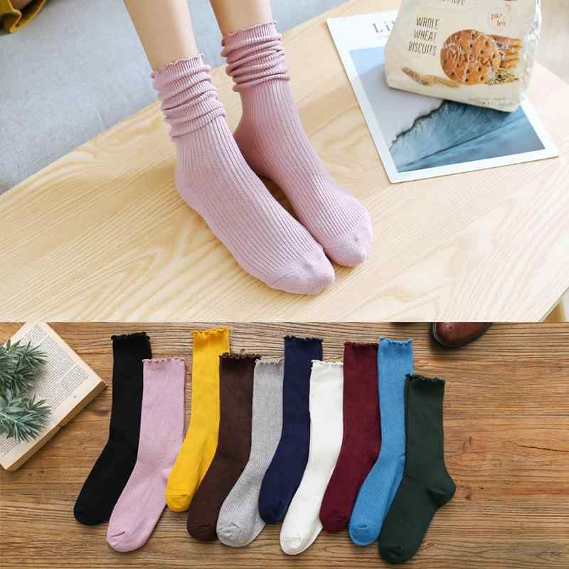 靴下 レディース 木耳エッジ 堆堆ソックス 中丈 コットン混紡 リブ編み 通気性 クルー丈 無地 黒 白 黄 緑 ピンク系 ブルー 5足セット デイリーユース