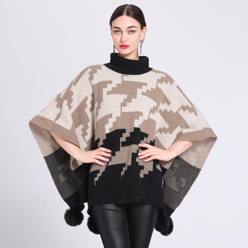 ニット レディース 秋冬 高襟 ポンチョ ケープ 提花 千鳥格子柄 ゆったり 通勤 普段使い マカロンカラー グレー ワインレッド ブルー カーキ