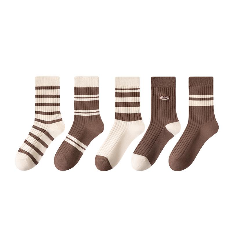 靴下 レディース ストライプ柄 ミドル丈ソックス 綿混 リブ編み カジュアル かわいい 美脚効果 冷え対..