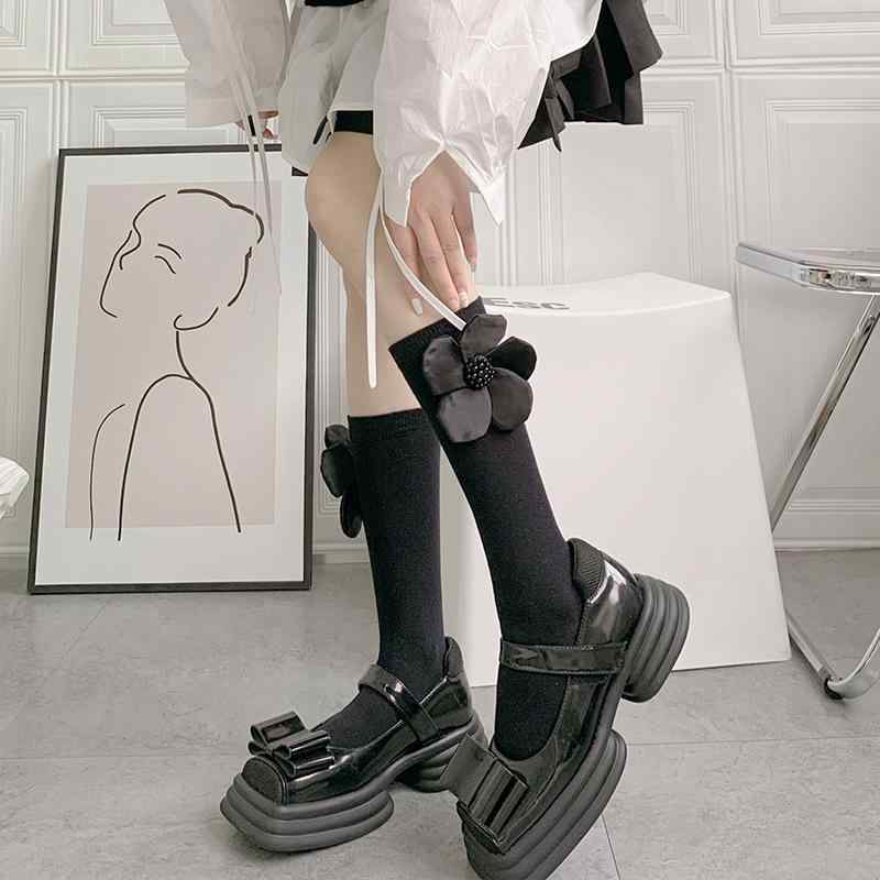 靴下 レディース ファッション 手縫い パール 花柄 ブラック ホワイト 無地 美脚 レトロ 小さめサイズ2