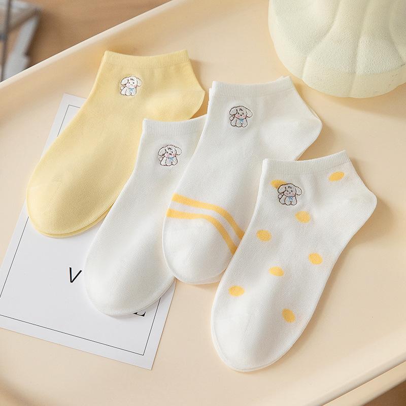 靴下 レディース 春夏 小さな犬 刺繍 ソックス 薄手 かわいい スクール風 ストライプ 綿 吸汗