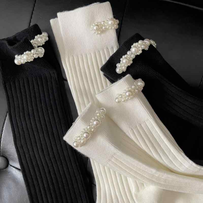 靴下 レディース 春夏 珍珠 黒 白 かわいい 仙女風 レトロ ロング丈 ミドル丈 コットン混紡2