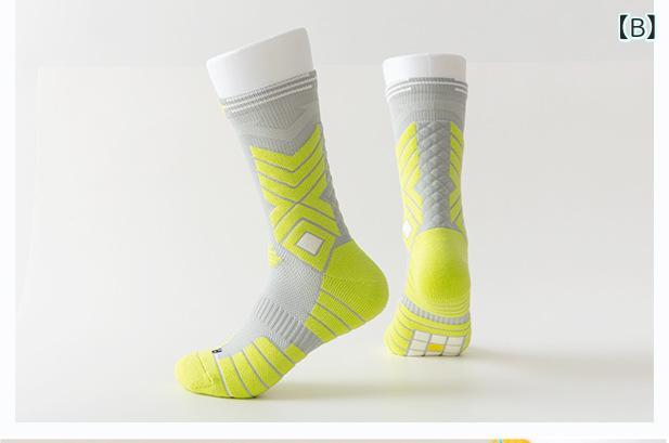 靴下 メンズ スポーツ ソックス バスケットボール 厚手 パイル地 ミドル丈 ハイカット 滑り止め 吸汗 幾何学模様 配色 ボーダー ストライプ アウトドア 運動 普段使い ブラック ホワイト グリーン オレンジ ピンク系2