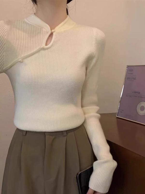 ニット レディース 新中式 チャイナ風 粘胶纤维 トップス 長袖 プルオーバー カットソー スリムフィッ..