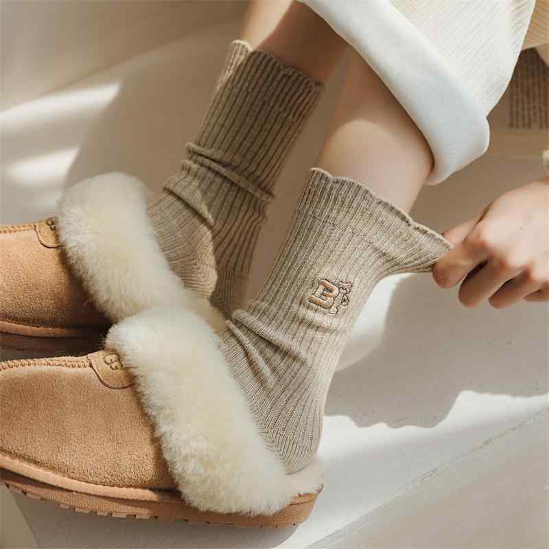 靴下 レディース 秋冬用 3足セット 厚手 保温 ウール混紡 韓国風 ダブルニードル ストライプ柄 ミドル..