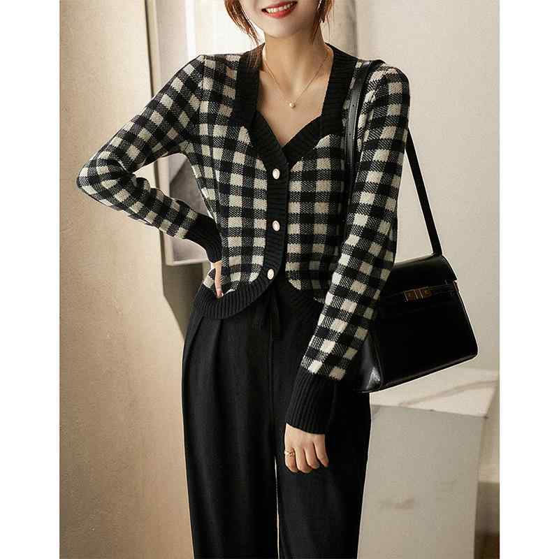 ニット カーディガン レディース レトロ ショート丈 チェッカー柄 Vネック 小柄 長袖 トップス 伸縮性 ..