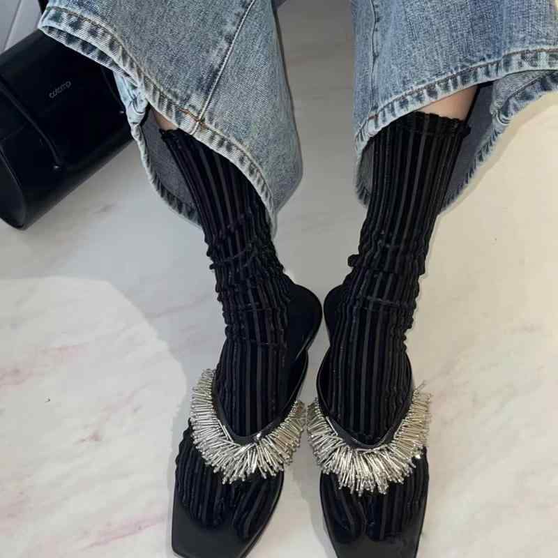 靴下 レディース 堆堆ソックス リブソックス 分趾ソックス ベルベット調 ストライプ柄 切り替え 婦人 3..