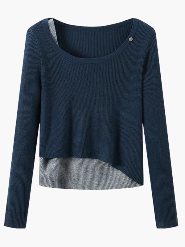 ニット レディース 長袖 丸首 配色 レイヤード風 トップス プルオーバー カットソー 春秋冬 スリム 接触冷感 吸湿速乾 きれいめ 通勤