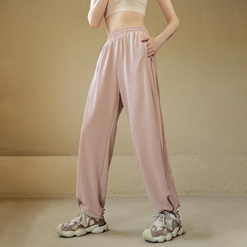 スポーツパンツ レディース 春夏 ルーズ ストレート ワイドレッグ ハイウエスト 裾絞り ヨガウェア トレーニングパンツ 吸湿速乾 伸縮性 ブラック ピンク系