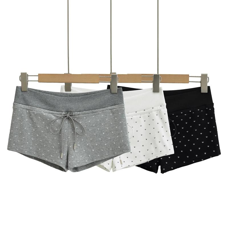 ショートパンツ レディース ローライズ コットン ゆったり ワイドレッグ Aライン ドローストリング プリント ホットパンツ スポーティー カジュアル 短パン 伸縮性 春夏 ホワイト グレー ブラック