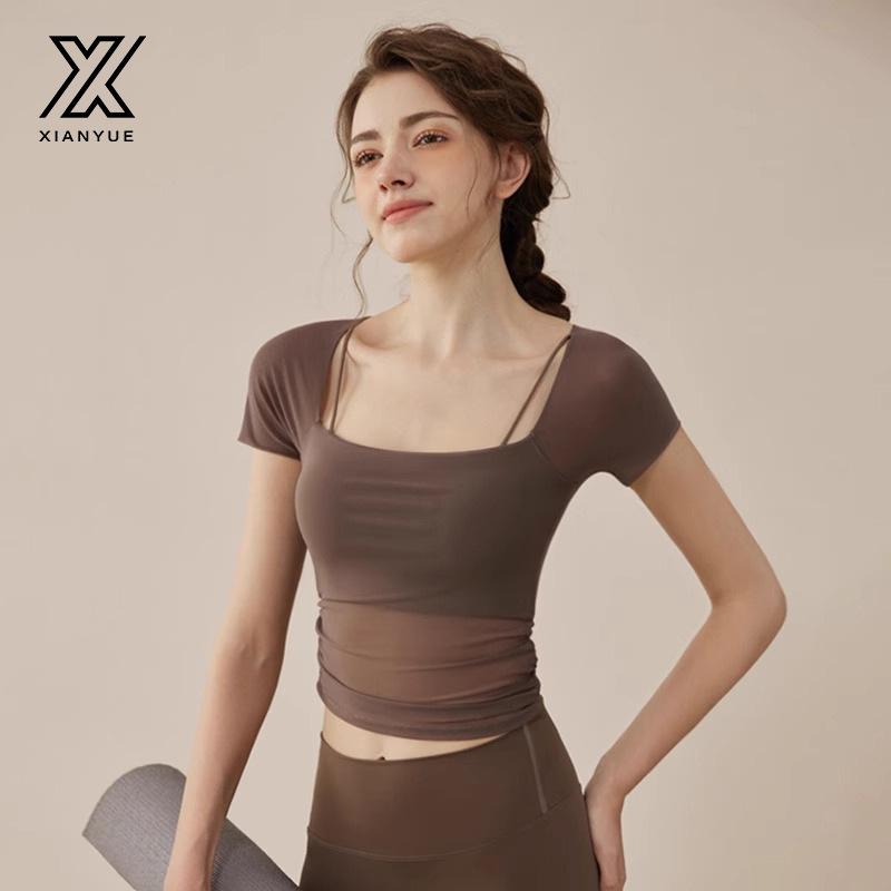 ヨガウェア レディース セットアップ 半袖 スポーツ ウェア プラティ 接触冷感 トレーニング ウェア ポリエステル 春夏秋冬 ブラウン ブラック グレー パープル