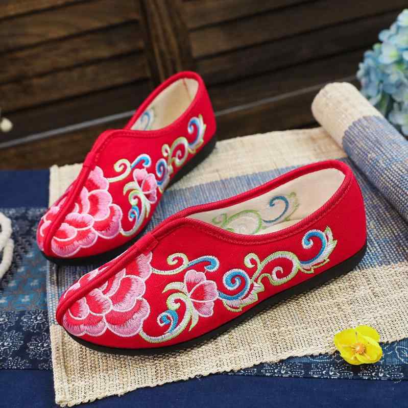 靴 レディース 布靴 スリッポン フラット底 ラウンドトゥ 花柄 刺繍 ぺたんこ靴 ローヒール 妊婦 マタニティ 秋冬 赤 黒