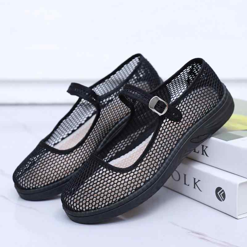 布靴 レディース メッシュ シューズ 通気性 フラット ローヒール 黒 布 ダンス ホテル ワーク ママ 軽量 ぺたんこ靴 ストラップ 春夏(x2)(4)