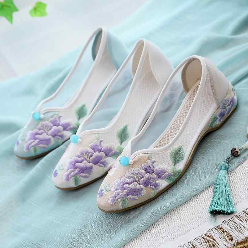 メッシュシューズ レディース ローヒール スリッポン 花柄 刺繡 レースアップ 網状 チュールスカート 牛筋 フラット 履きやすい 歩きやすい スクエアトゥ カジュアル 日常 普段使い 白 ベージュ 緑