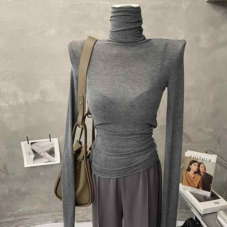 Tシャツ レディース 長袖 高襟 スリム コットン 無地 トップス カットソー インナー 薄手 ストレッチ 秋冬 ブラック ホワイト レッド ブルー(3)