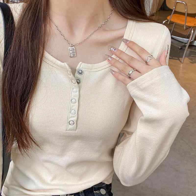 Tシャツ レディース インナー 春秋 グレー 黒 白 長袖 Tシャツ カットソー 修身 トップス コットン 伸縮性 パフスリーブ