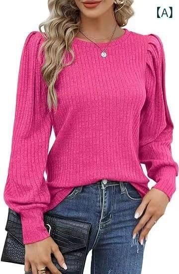 Tシャツ レディース 秋冬 長袖 丸首 トップス ギャザー パフスリーブ スリム 無地 伸縮性 ポリエステル 普段使い 韓国 部屋着 接触冷感 きれいめ かわいい S M L XL XXL 玫红色 天藍色 深グレー 酒红色 ブラック 卡其色 紫