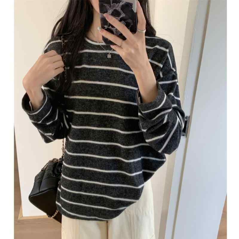 Tシャツ レディース 秋冬 長袖 ラウンドネック 切り替え ボーダー柄 起毛 韓国 ゆったり トップス 普段使い かわいい カジュアル 部屋着