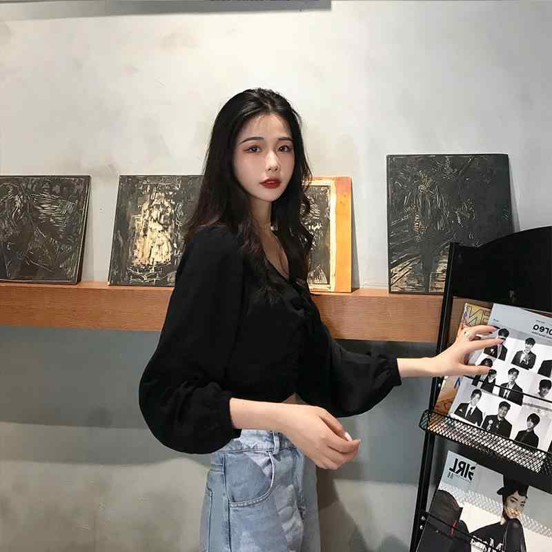 Tシャツ レディース 秋冬 長袖 シフォン ブラウス ショート丈 Vネック レトロ 港風 泡 立ち袖 無地 ファッション トップス ポリエステル 清潔感