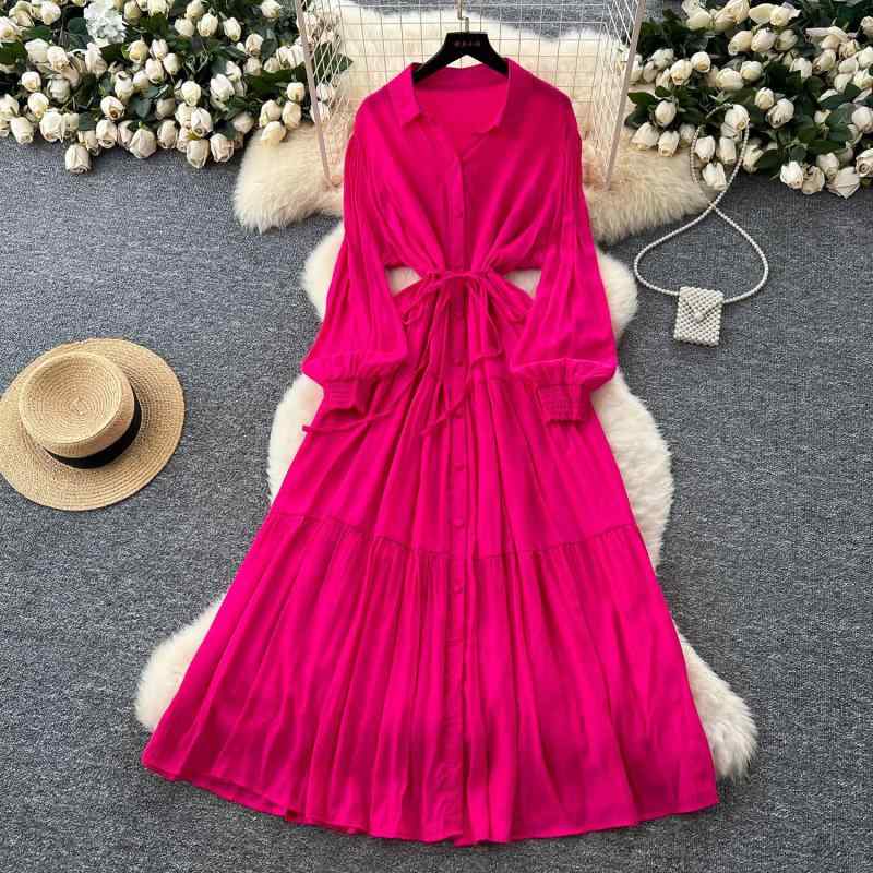 ワンピース レディース 春夏 Aライン 花柄 POLO襟 長袖 ロング丈 清楚 上品 きれいめ ウエストリボン パフスリーブ elegant お呼ばれ 二次会 フォーマル パーティー リゾート 旅行